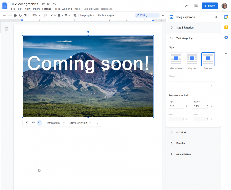 Google Docs is adding the ability to place text on top of pictures